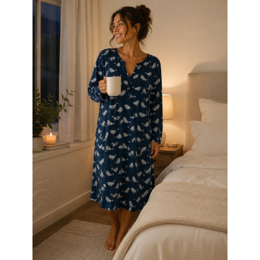 MeUndies Narwhal Print Sleep Shirt Nightgown Blue Long Sleeve Lounge Dress XXL